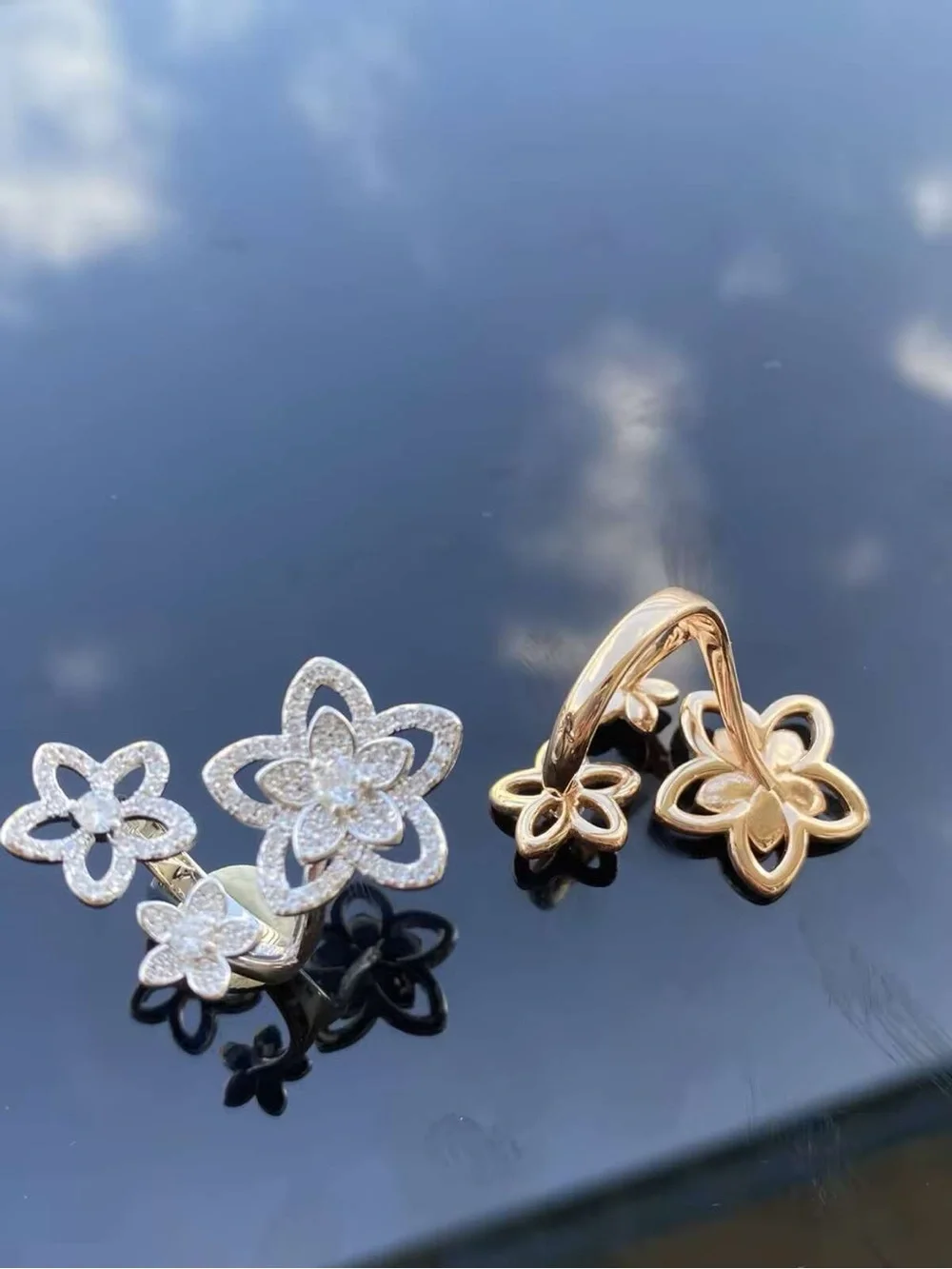 Sparkling Triple Flower Ring in Gold or Silver